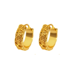 Vintage gold hoop earrings with embossed floral patterns and a textured finish