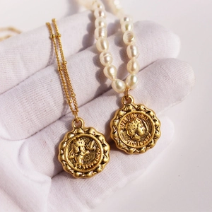 Vintage Brass Coin Pendant Necklace With Freshwater Pearl Relief Portrait Angel Wing For Women