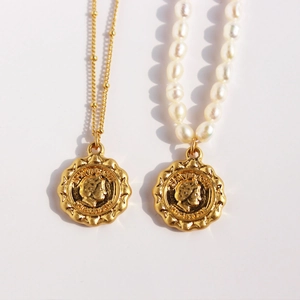 Double-sided vintage coin pendant necklaces with freshwater pearls and gold bead chain