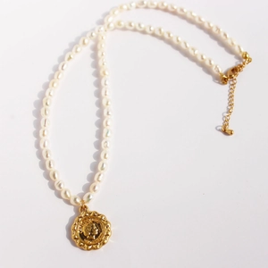 Baroque freshwater pearl necklace with vintage gold coin portrait pendant and lobster clasp