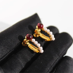 French Vintage Gold Plated Brass Clip On Earrings With Deep Red Glass And White Artificial Pearl For Women Elegant Non Pierced Jewelry