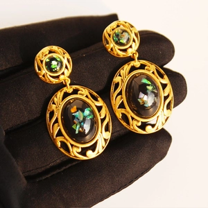 Vintage Palace Style Hollow Out Lace Oval Drop Earrings Brass Resin With 925 Sterling Silver Earring Post For Women