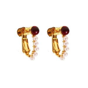 Vintage gold U-shaped ear clips with red glass stone and pearls for non-pierced ears