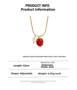 Detail specifications of brass gold cherry necklace with dimensions and materials shown