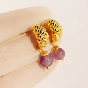 Twisted Croissant Drop Earrings Purple Agate Brass Jewelry With 925 Sterling Silver Earring Post Vintage French Style For Women
