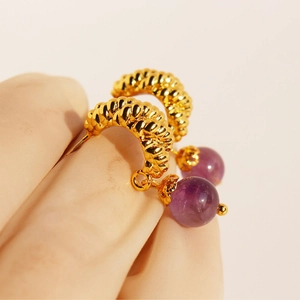 Exquisite gold spiral hoop earrings with dangling purple agate beads for women