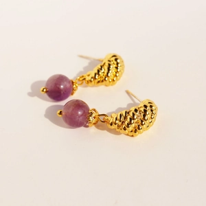 Elegant gold twisted horn earrings with round purple agate stone drop charms