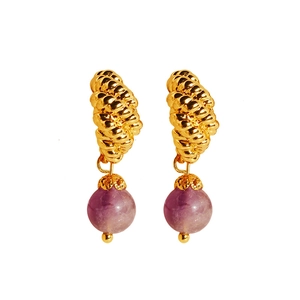 Elegant gold twisted earrings featuring a polished round purple agate pendant