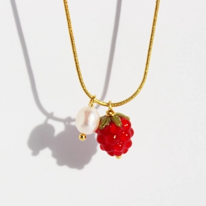 Raspberry And Artificial Pearl Pendant Necklace Brass Gold Plated Snake Bone Chain Sweet Pastoral Jewelry For Women