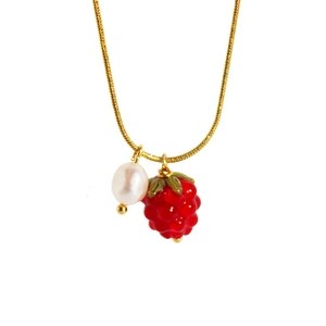 Elegant gold snake chain necklace with pearl and red glass raspberry pendant charms