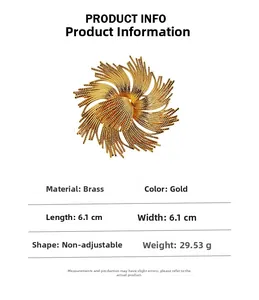 Macro detail of vintage gold-plated brass flower brooch with dimensions and weight stats