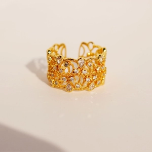 Bague Ouverte En Laiton Plaqué Or Style Cour Française Vintage Dentelle Filigrane Creuse Pour Femme Avec Zircon Goutte Eau