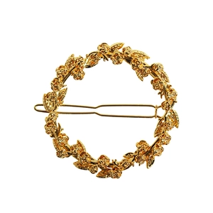 Golden vintage floral wreath hair clip featuring 3D rose relief and metal snap closure