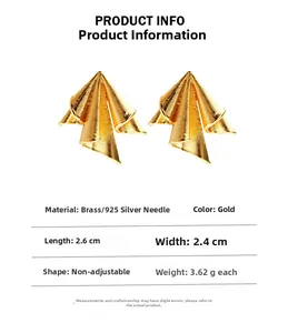 Detailed size chart of gold crumpled fan earrings with brass and silver needle specs