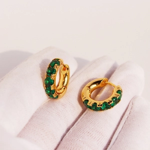 Messing Vergoldet Smaragdgrün Zirkon Runde Huggie Creolen Vintage Luxus Stil Elegante Accessoires Damen