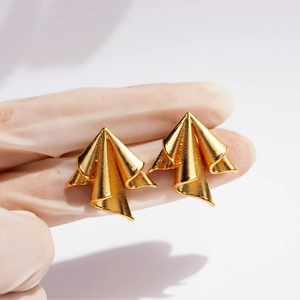 Golden irregular pleated geometric triangle earrings with brushed metal finish for women