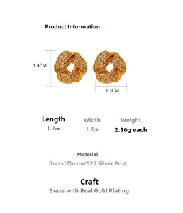Detail specifications of knot earrings with cubic zirconia and 925 silver needle