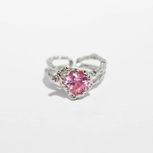 Pink Heart Zircon Ring Brass Textured Lava Band Adjustable Opening Chic Niche Design For Women Sweet Cool Style
