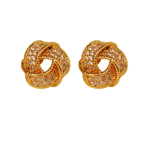 Luxury gold knotted stud earrings with full micro-pave zircon crystals for women