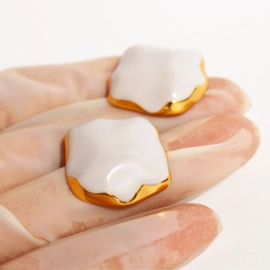 Artistic white enamel geometric earrings with irregular wavy golden edges for women