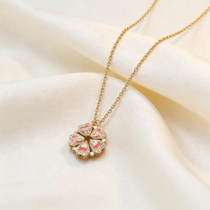 Pendant Necklace Stainless Steel Copper Pink Enamel Heart Flower Shape Zirconia Sweet French Jewelry For Women