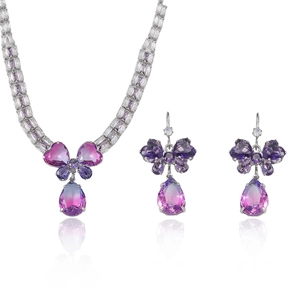 Fashionable purple butterfly jewelry set with crystal pendant necklace and drop earrings