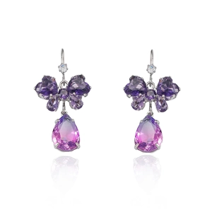 Elegant silver butterfly earrings with purple zircon crystals and teardrop pendants