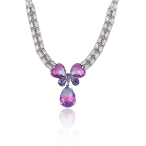 Elegant purple butterfly necklace set with gradient pear-cut zircon on silver chain