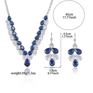 Blue zircon teardrop pendant necklace and earrings jewelry set with size dimensions