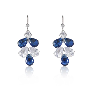 Elegant blue and white pear-cut crystal teardrop earrings with silver hooks for women