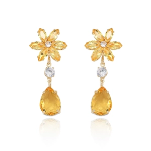 Parure bijoux mode avec boucles d'oreilles fleur zircon jaune et pendentif goutte