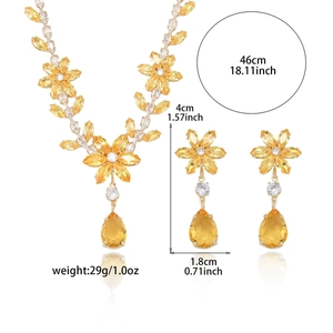 Parure bijoux en zircon avec collier à fleurs jaune citron et boucles d'oreilles pendantes