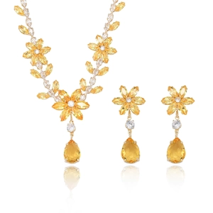 Parure de bijoux fleur jaune citron avec collier et boucles d'oreilles en zircon