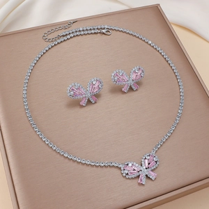 Collier Et Boucles D'Oreilles Papillon Bijoux Cuivre Zircone Baguette Rose Chaîne Tennis Accessoires Élégants Pour Femmes