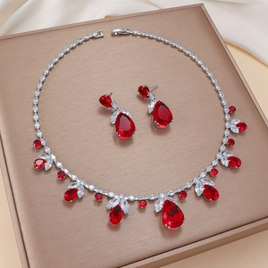 Red Water Drop Zircon Necklace And Earrings Jewelry Titanium Steel Copper For Women Elegant Wedding Party Fashion