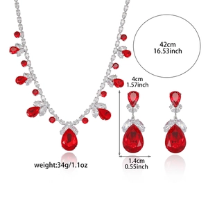 Sparkling red teardrop zircon necklace and earrings set with 42cm chain length