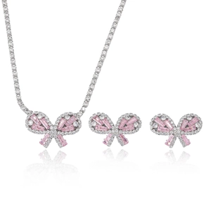 Parure bijoux papillon en zircon rose avec collier et boucles d'oreilles assortis