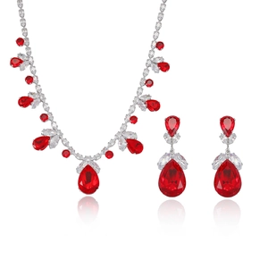 Elegant silver jewelry set with red teardrop crystal necklace and matching earrings