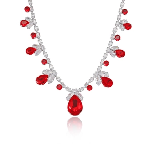 Elegant silver necklace featuring red pear-cut crystals and sparkling zircon vine details