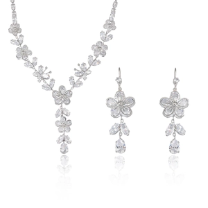 Parure élégante collier et boucles d'oreilles en zircon avec motifs fleurs et gouttes