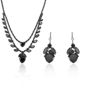Elegant black crystal jewelry set with heart necklace and matching dangle earrings