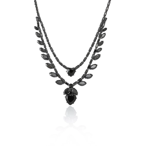 Double-layered black zircon leaf and heart pendant necklace in dark metal finish