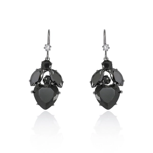 Fashionable black heart drop earrings with zircon accents and reflective finish on white background