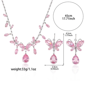 Pink butterfly jewelry set with zircon necklace and teardrop earrings, size 45cm