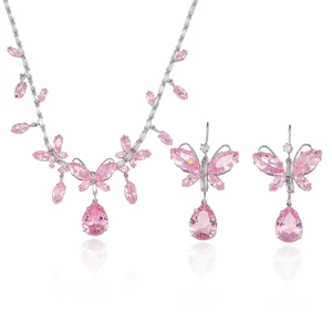 Pink butterfly zircon jewelry set with necklace and dangling earrings on white background
