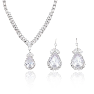 Parure bijoux tulipe en zircon avec collier argenté et boucles d'oreilles goutte