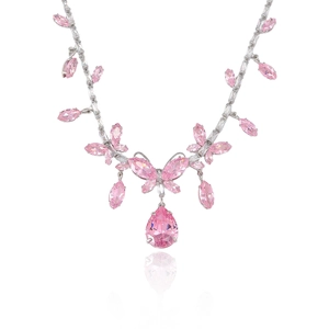 Pink zircon butterfly necklace with teardrop pendant on minimalist white background
