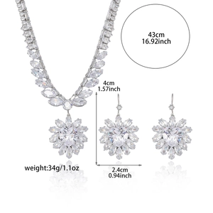 Luxury silver heart jewelry set featuring zircon crystal necklace and teardrop earrings
