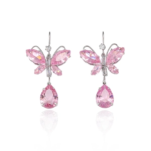 Pink zircon butterfly drop earrings with teardrop stone charms on white background