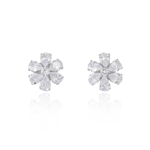 Boucles d'oreilles fleur en argent avec pétales en zircon poire et clou central diamant
